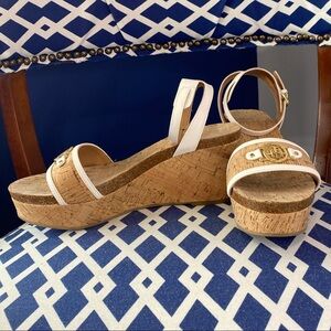 White cork Tommy Hilfiger ankle strap platforms cork wedges heeled sandals Sz 10